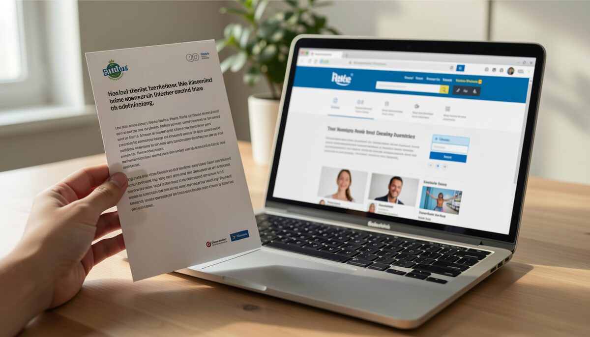 Eine Hand haelt einen Flyer neben einem Laptop mit einer Gesundheitswebseite, kein lesbarer Text. Illustratives Bild, generiert mit KI.