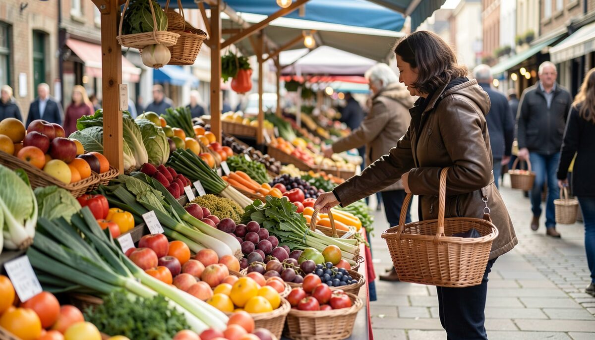 Marktstand mit saisonalem Gemüse und Obst, im Hintergrund greift eine Person nach einem Korb. Illustratives Bild, mit KI generiert.